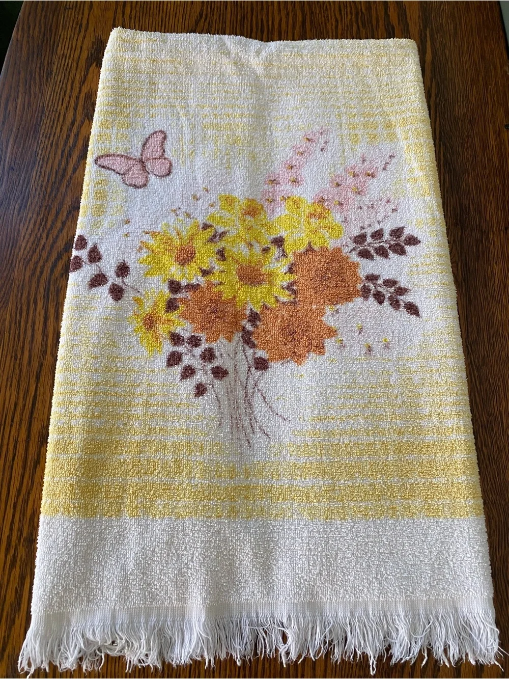 Vintage Mid Century MCM Yellow Orange Floral Butterfly Bathroom Towel